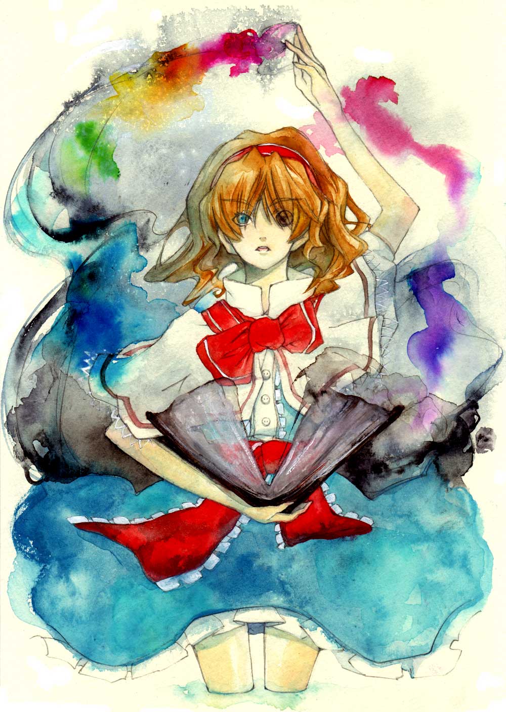 alice margatroid, touhou, highres, 1girl, blue dress, bow, bowtie, brown hair, capelet, dress, female focus, green eyes, looking at viewer, magic, puffy short sleeves, puffy sleeves, red bow, red bowtie, short hair, short sleeves, simple background, solo, standing, wading, water, white background