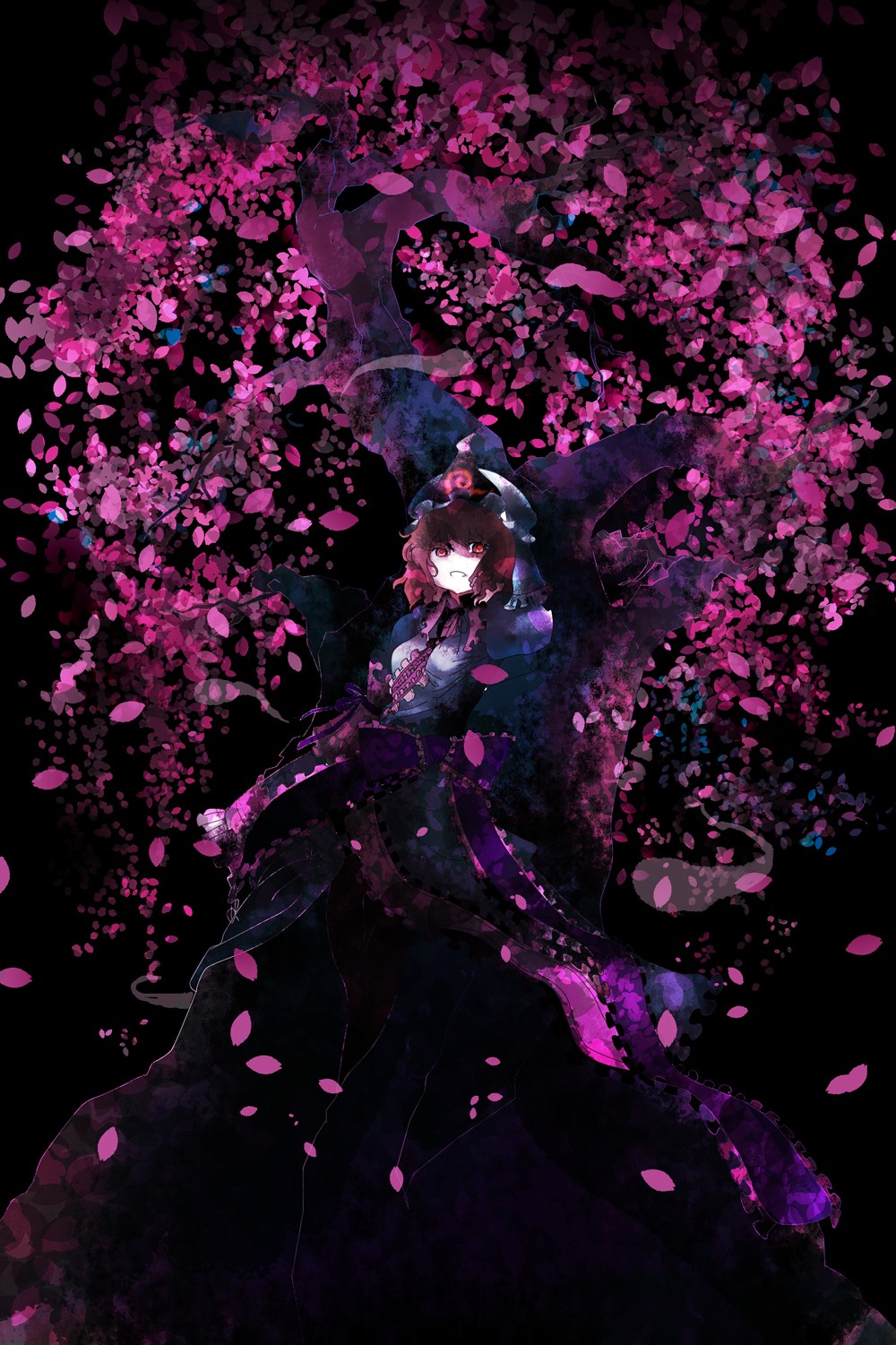 suzuki ritsu, saigyouji yuyuko, touhou, highres, 1girl, blue dress, cherry blossoms, collar, dress, female focus, frills, full body, hat, long sleeves, looking at viewer, mob cap, petals, solo, standing, triangular headpiece, wind