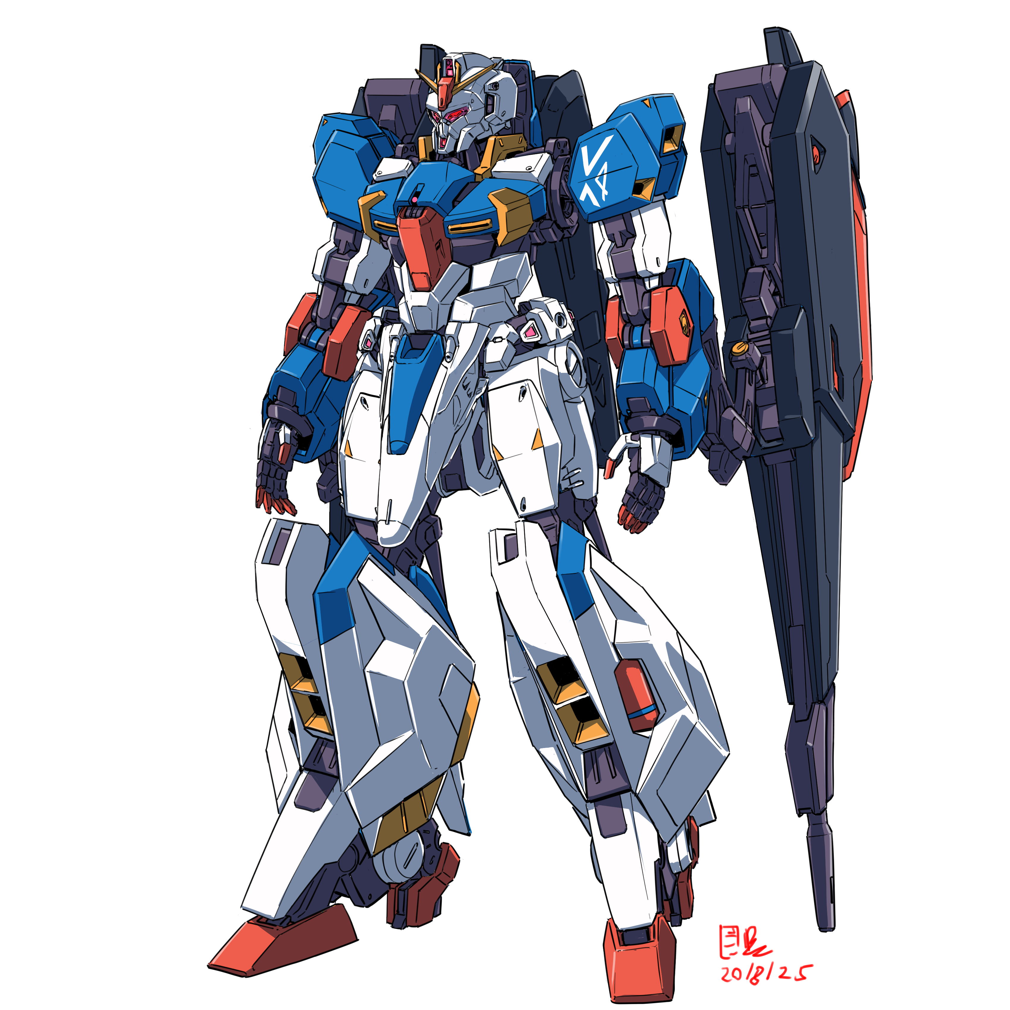 pravin rao santheran, zeta gundam (mobile suit), gundam, gundam gquuuuuux, original, zeta gundam, absurdres, commentary, commentary request, english commentary, highres, 2025, aeug, alternate universe, beam cannon, colored lineart, dated, energy gun, machinery, mecha, mecha focus, mobile suit, no humans, red eyes, redesign, robot, science fiction, signature, v-fin, weapon, white background, yamashita ikuto (style)