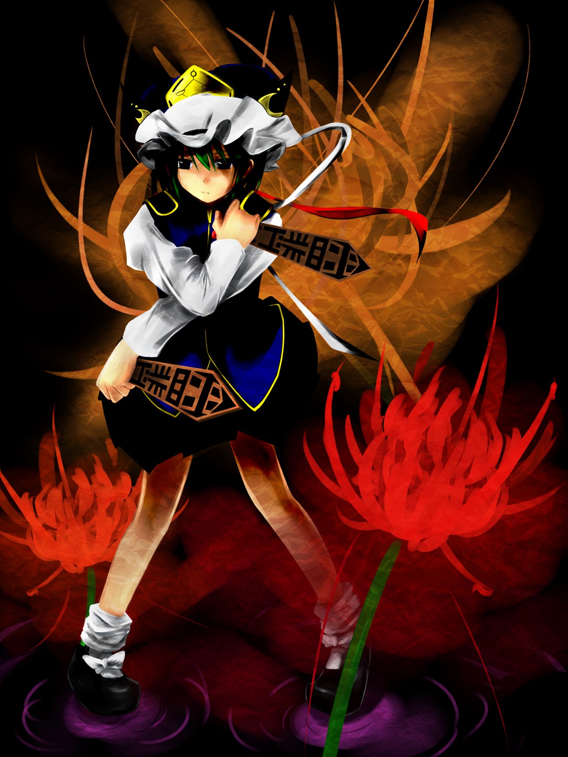 neko51, shiki eiki, touhou, highres, md5 mismatch, 1girl, black eyes, crossed arms, dual wielding, female focus, flower, green hair, hat, holding, loose socks, red flower, ribbon, rod of remorse, shoes, short hair, skirt, socks, solo, spider lily