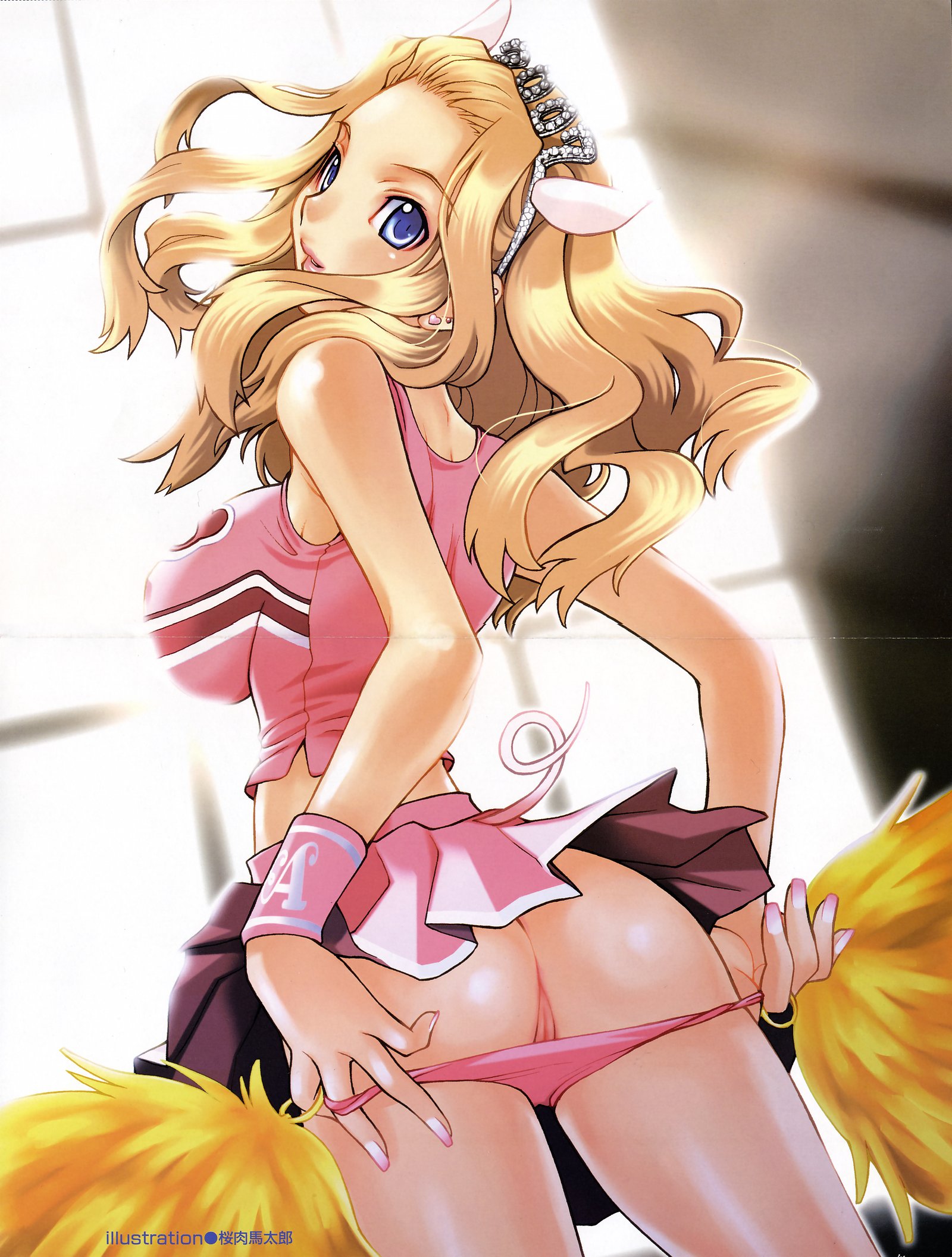 sakuraniku umatarou, highres, scan, 00s, 1girl, 2007, animal ears, ass, blonde hair, blue eyes, breasts, butt crack, cheerleader, crease, female focus, impossible clothes, impossible shirt, indoors, large breasts, looking at viewer, looking back, midriff, miniskirt, panties, panty pull, pig ears, pig girl, pig tail, pom pom (cheerleading), pussy, shirt, skirt, solo, tail, uncensored, underwear