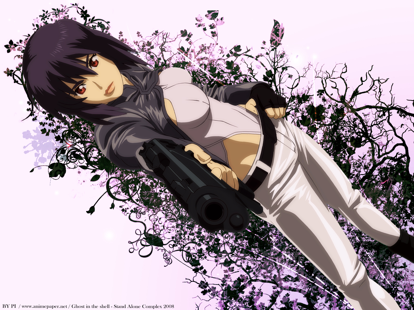 kusanagi motoko, ghost in the shell, ghost in the shell: stand alone complex, highres, 00s, 1girl, breasts, female focus, gun, purple hair, red eyes, short hair, solo, weapon