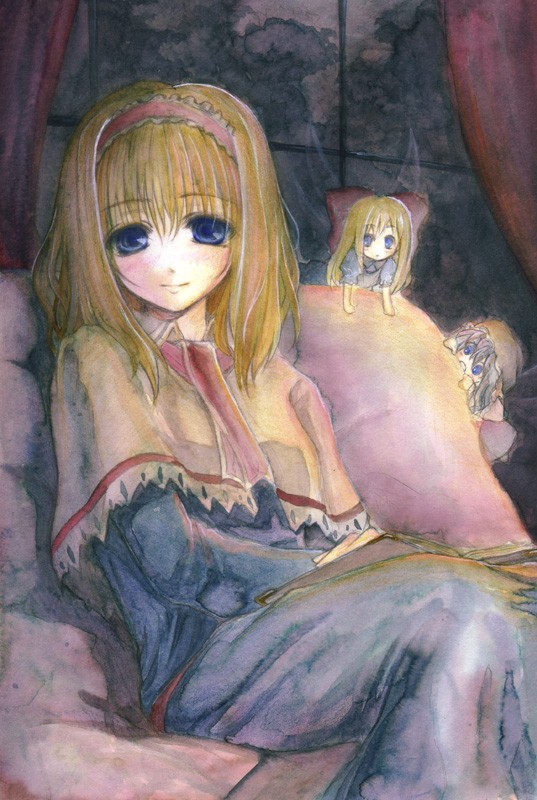 sugai, aki minoriko, alice margatroid, hourai doll, shanghai doll, touhou, color ink (medium), traditional media, 1girl, blonde hair, blue eyes, blush, bow, capelet, couch, curtains, doll, dress, female focus, hair bow, indoors, light smile, looking at viewer, night, peeking out, short hair, sitting, solo, tareme, window