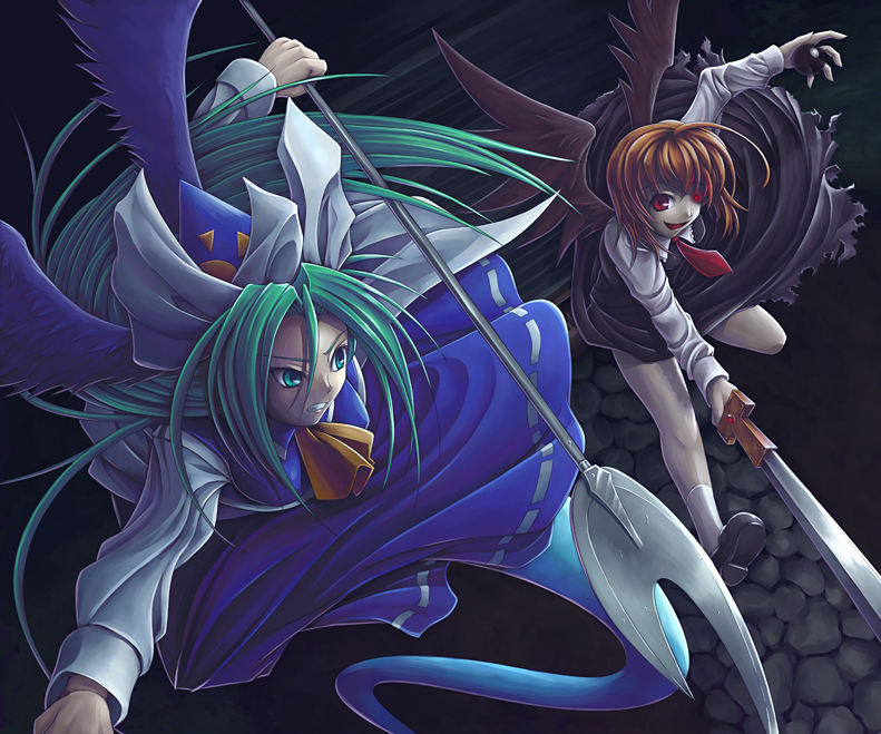 koto tsubane, ex-rumia, mima (touhou), rumia, touhou, touhou (pc-98), 2girls, blonde hair, female focus, green eyes, green hair, hat, long hair, multiple girls, polearm, red eyes, staff, sword, weapon, wings, wizard hat