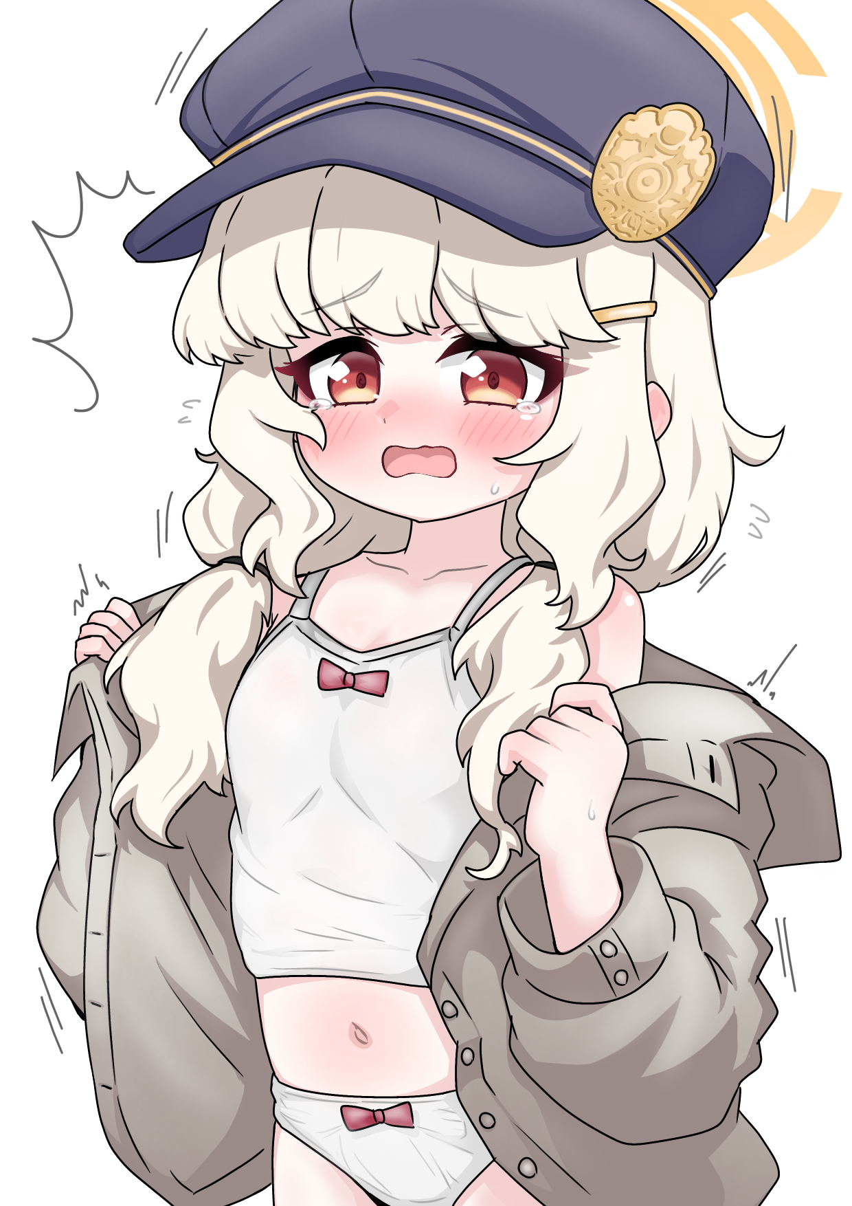 tomimon, aoba (blue archive), blue archive, commentary request, highres, 1girl, ^^^, black hat, blush, bow, bow panties, brown hair, brown shirt, camisole, collarbone, collared shirt, dress shirt, hair ornament, hair over shoulder, hairclip, halo, hat, long hair, long sleeves, looking at viewer, low twintails, navel, newsboy cap, nose blush, off shoulder, open clothes, open mouth, open shirt, panties, puffy long sleeves, puffy sleeves, red eyes, shirt, simple background, solo, tears, twintails, underwear, undressing, wavy mouth, white background, white camisole, white panties