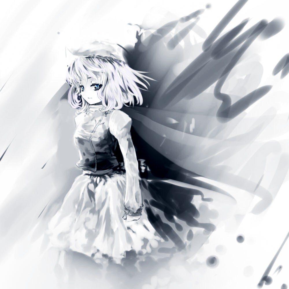 suisai (suisao), letty whiterock, touhou, 1girl, blue eyes, blue theme, female focus, monochrome, solo