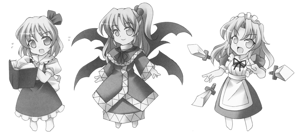 alice margatroid, alice margatroid (pc-98), shinki (touhou), yumeko (touhou), mystic square, touhou, touhou (pc-98), 3girls, aged down, chibi, child, female focus, greyscale, maid, monochrome, multiple girls, multiple wings, wings