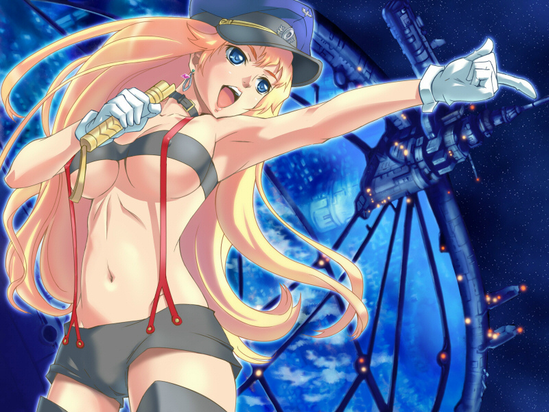 nishiwaki, sheryl nome, macross, macross frontier, 00s, 1girl, armpits, bare shoulders, black shorts, black tube top, blonde hair, blue eyes, breasts, earrings, female focus, gloves, hat, holding, holding microphone, jewelry, large breasts, long hair, looking to the side, microphone, midriff, navel, neck, open mouth, outstretched arm, peaked cap, pointing, short shorts, shorts, smile, solo, standing, strapless, suspenders, thighhighs, tube top, underboob, very long hair, white gloves