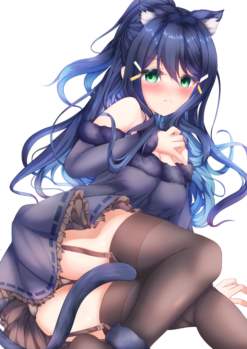 koyo aki (vtvd5277), gundam extreme vs. 2, unhappy, 1girl, alternate hair color, animal ears, arm support, bare shoulders, blue dress, blue hair, blush, breasts, brown panties, brown thighhighs, cat ears, cat tail, cleavage, dress, embarrassed, feet out of frame, frilled dress, frills, frown, fur-trimmed dress, fur trim, garter straps, gradient hair, green eyes, hair between eyes, hair ornament, hairclip, hand on own chest, kano clans, knees together feet apart, long hair, looking at viewer, medium breasts, multicolored hair, panties, ponytail, short dress, sidelocks, simple background, tail, thighhighs, underwear, very long hair, white background