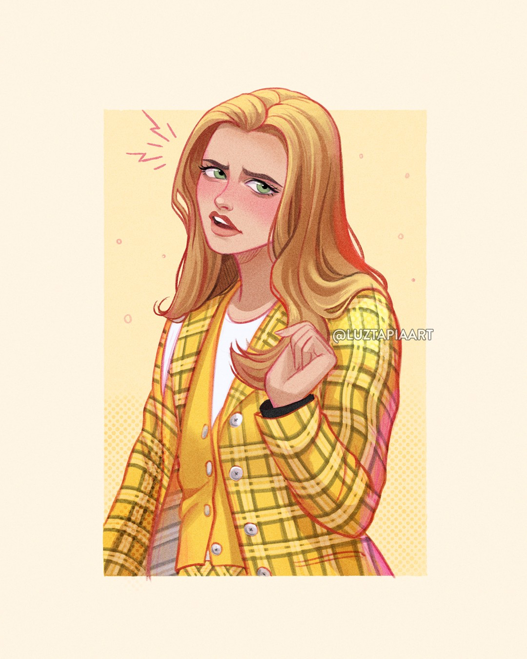luztapiaart, clueless (movie), highres, 1girl, artist name, blonde hair, cher horowitz, green eyes, jacket, long hair, looking at viewer, plaid clothes, plaid jacket, shirt, solo, upper body, vest, watermark, white shirt, yellow jacket, yellow vest