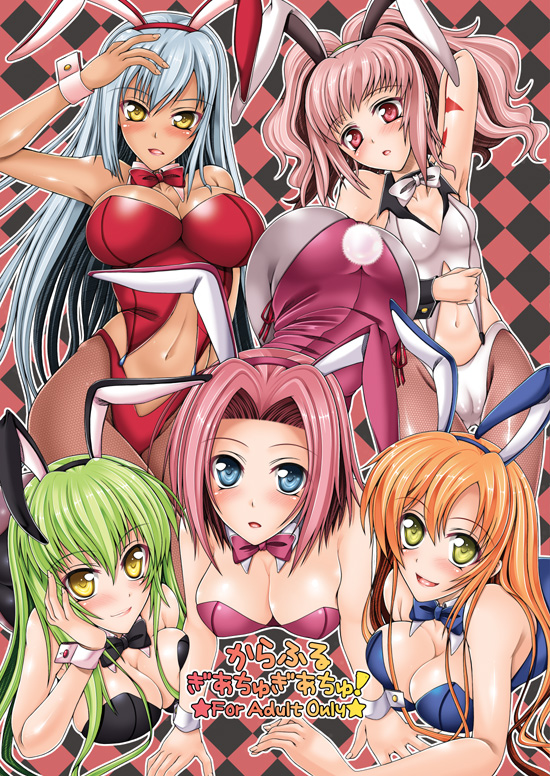 kizaki yuuri, anya alstreim, c.c., kouzuki kallen, shirley fenette, villetta nu, code geass, 00s, 5girls, animal ears, blue eyes, breasts, cameltoe, cleavage, dark-skinned female, dark skin, fake animal ears, large breasts, leotard, long hair, multiple girls, pantyhose, playboy bunny, rabbit ears, short hair