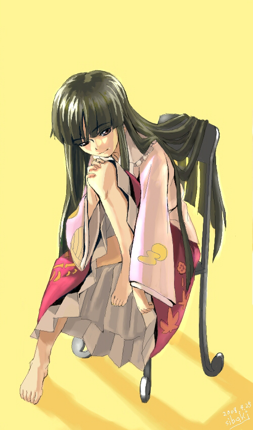 shiba itsuki, houraisan kaguya, touhou, bad id, bad pixiv id, 1girl, barefoot, black hair, chair, feet, female focus, full body, legs, long hair, oekaki, red eyes, simple background, sitting, solo