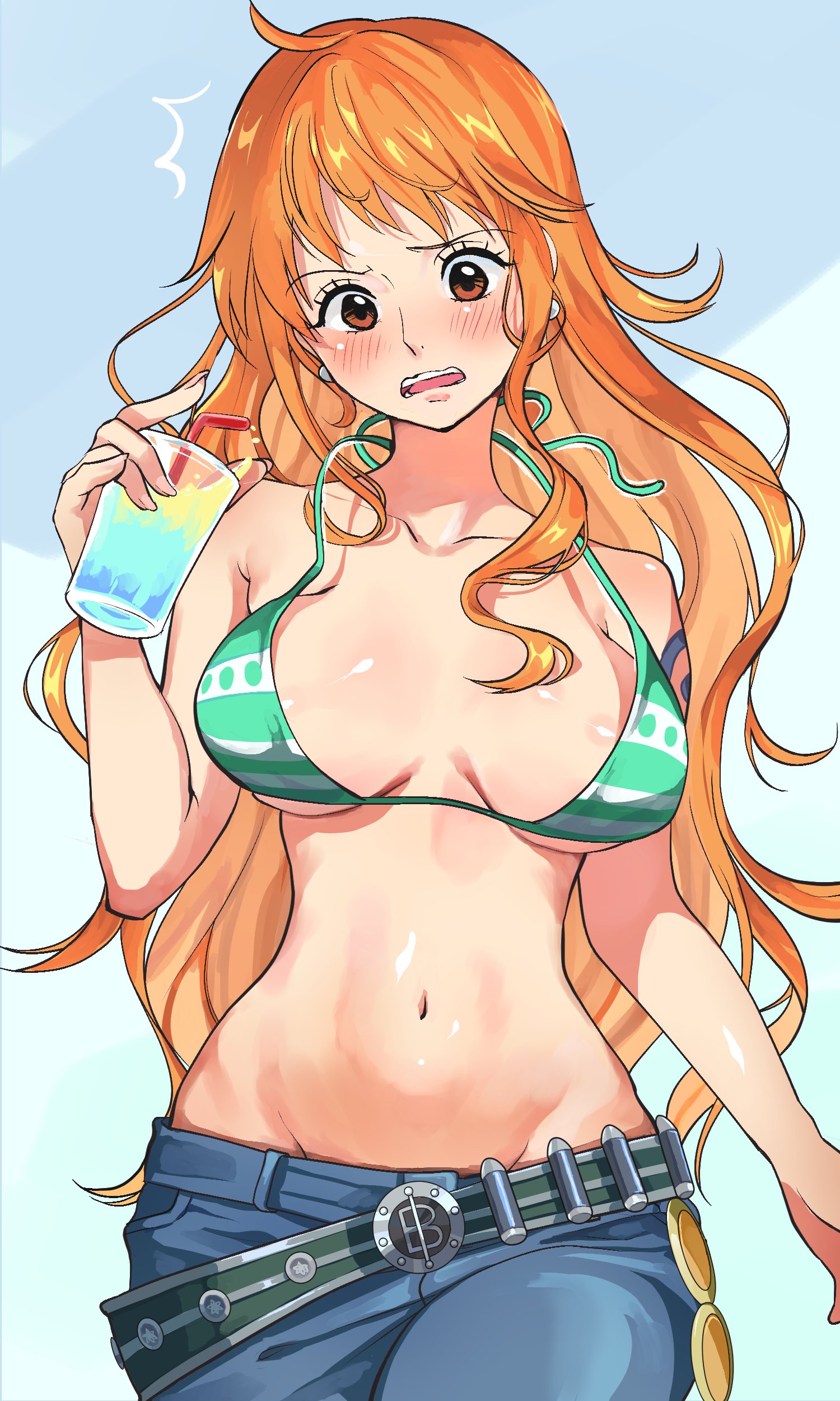 petakousausa, nami (one piece), one piece, absurdres, highres, 1girl, ^^^, bare arms, bare shoulders, belly, belt, belt buckle, bikini, bikini top only, blue pants, blush, breasts, breasts apart, brown eyes, buckle, collarbone, cowboy shot, cup, denim, drink, drinking straw, earrings, green bikini, groin, halterneck, holding, holding cup, jeans, jewelry, large breasts, long hair, looking down, navel, open clothes, open mouth, orange hair, pants, pearl earrings, shoulder tattoo, single sidelock, solo, stomach, straight-on, string bikini, surprised, swimsuit, tattoo, untied bikini, wardrobe malfunction, wavy hair
