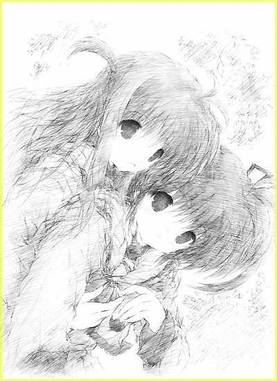 yamabuki merou, arisa bunnings, takamachi nanoha, lyrical nanoha, mahou shoujo lyrical nanoha, graphite (medium), traditional media, 00s, 2girls, dutch angle, greyscale, monochrome, multiple girls, school uniform, serafuku, short twintails, twintails