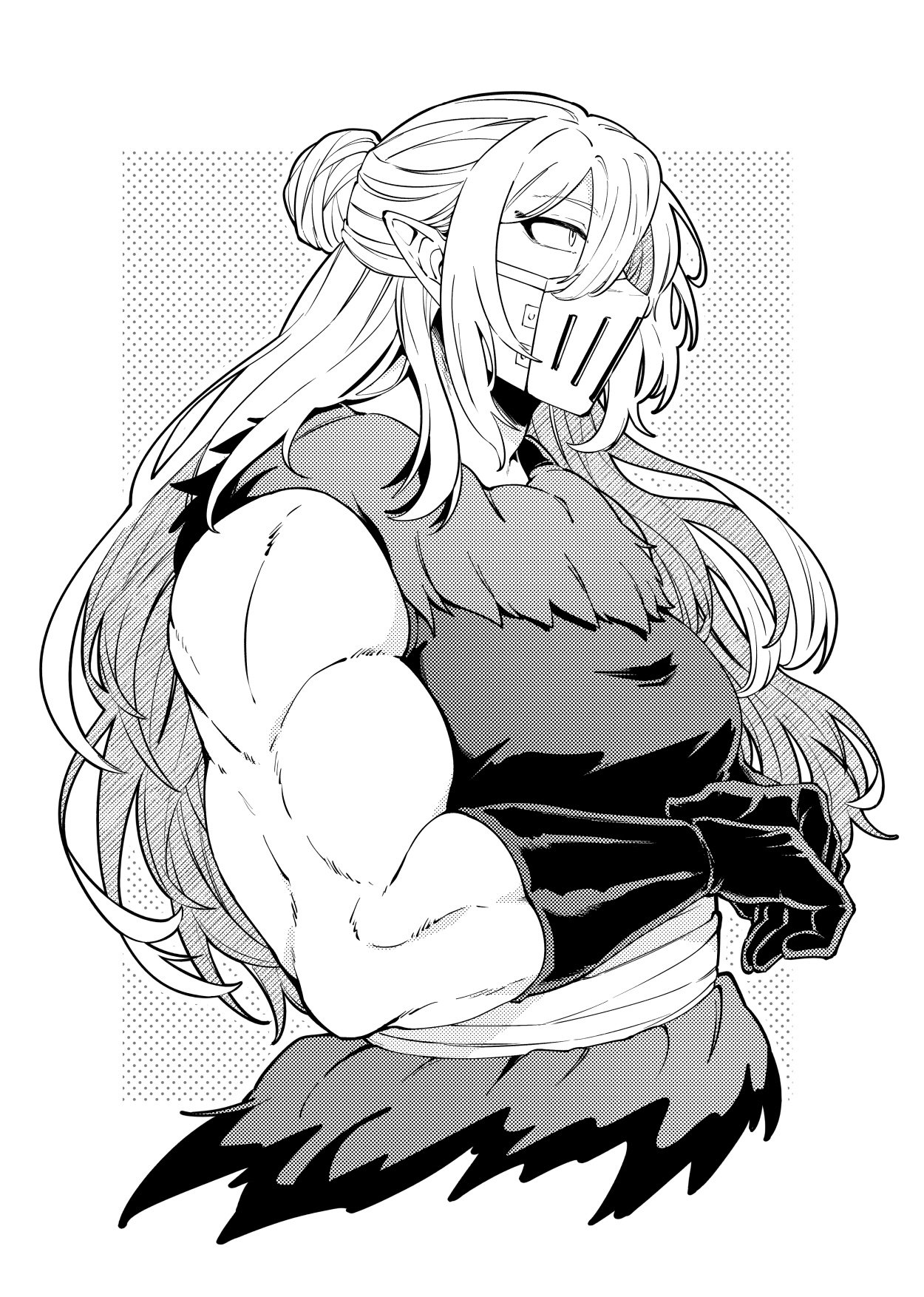 mairimashita! iruma-kun, highres, 1boy, balam shichiro, fur trim, gloves, greyscale, hair bun, isiko mim z, long hair, male focus, mask, monochrome, mouth mask, muscular, muscular male, pointy ears, single hair bun, sleeveless, solo, upper body