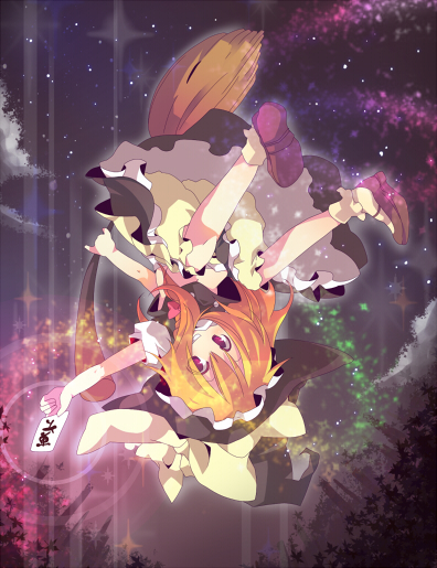 ana (rznuscrf), kirisame marisa, touhou, 1girl, blonde hair, bloomers, bobby socks, broom, falling, female focus, grin, hat, ofuda, petticoat, red eyes, sky, smile, socks, solo, spell card, star (sky), starry sky, underwear, upside-down, witch hat