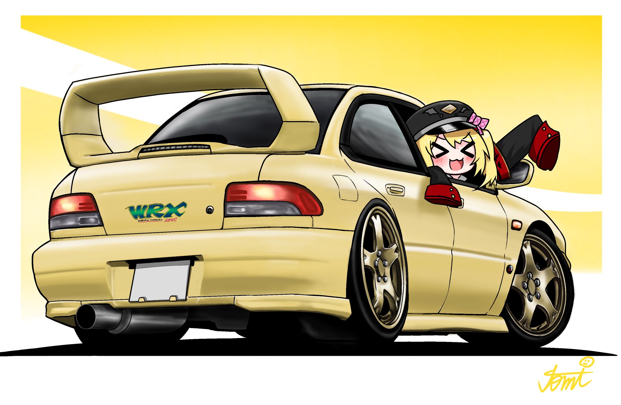 tomimon, ibuki (blue archive), blue archive, commentary request, highres, > <, 1girl, blonde hair, car, hat, motor vehicle, open mouth, sleeves past fingers, sleeves past wrists, smile, solo, vehicle focus