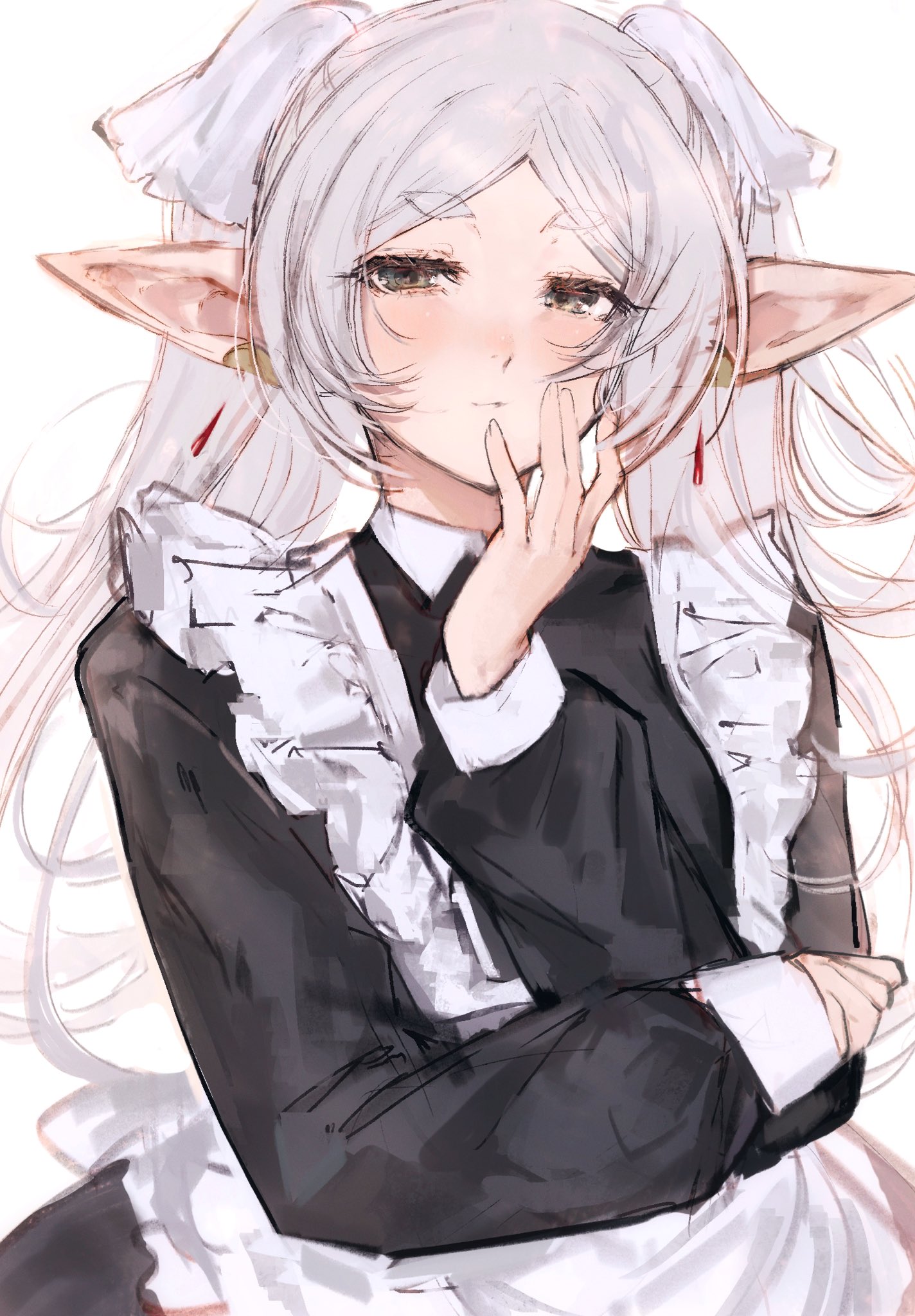 moku (muooku), frieren, sousou no frieren, highres, 1girl, alternate costume, apron, black dress, closed mouth, dress, earrings, elf, enmaided, green eyes, grey hair, hand up, jewelry, long hair, maid, maid apron, pointy ears, simple background, solo, thick eyebrows, twintails, white apron, white background