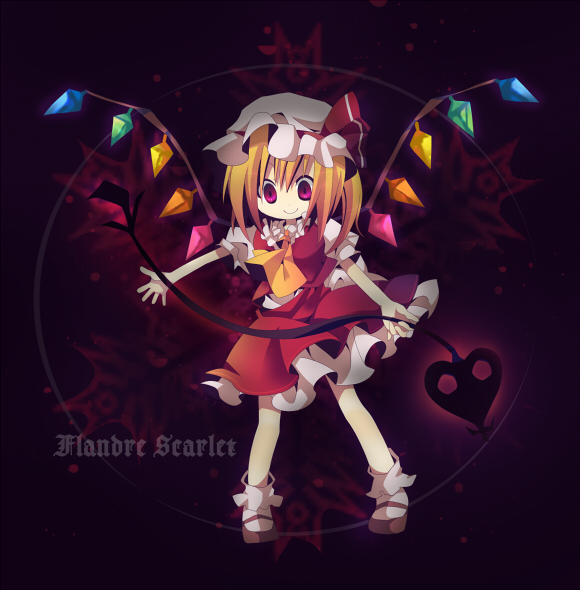 ana (rznuscrf), flandre scarlet, touhou, 1girl, blonde hair, bobby socks, character name, female focus, gradient hair, hat, laevatein, mary janes, mob cap, multicolored hair, outstretched arms, purple eyes, red eyes, shoes, short hair, smile, socks, solo, spread arms, wings