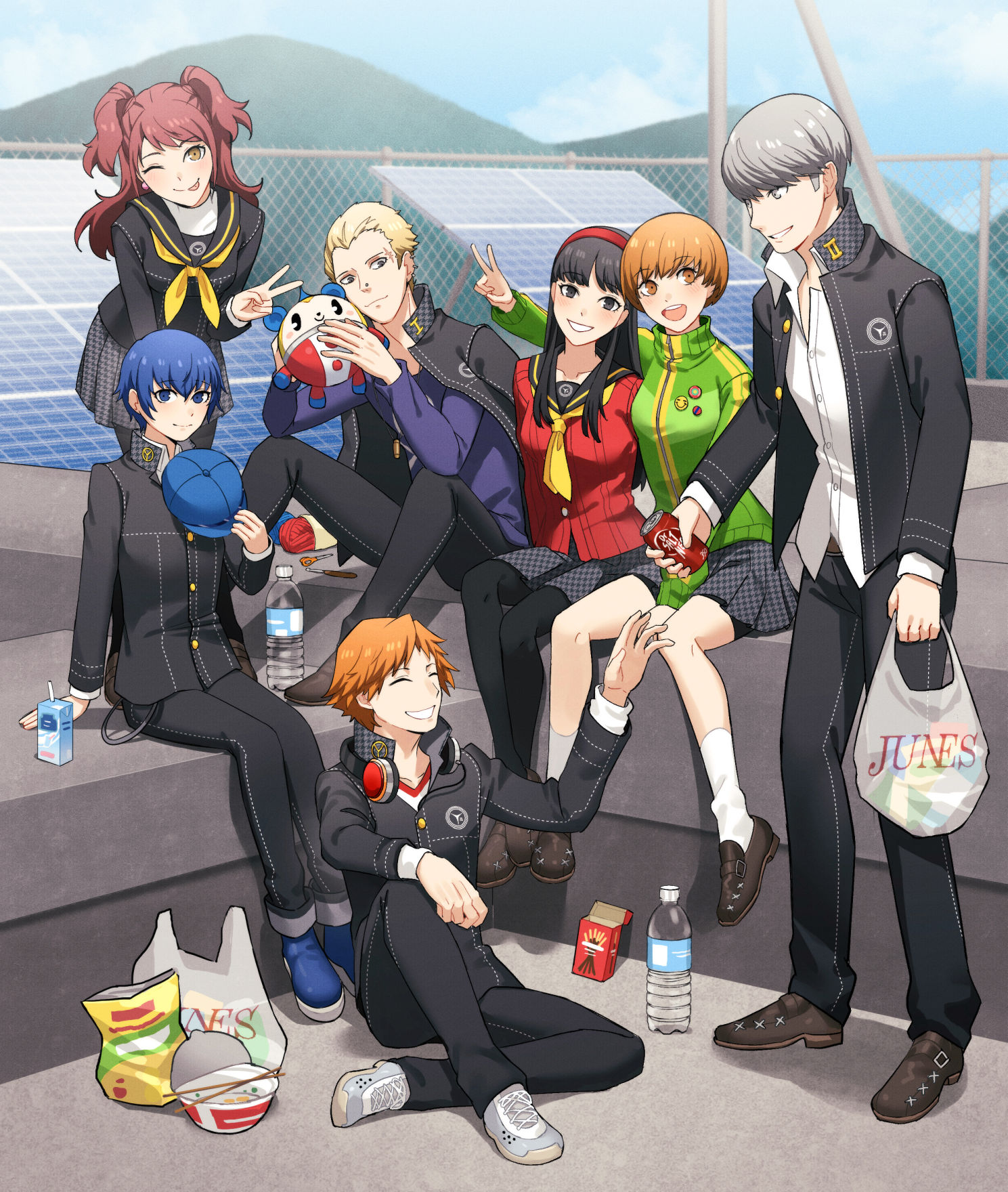 kuki tan, amagi yukiko, hanamura yousuke, kujikawa rise, narukami yu, satonaka chie, shirogane naoto, tatsumi kanji, persona, persona 4, highres, 3boys, 4girls, bag, black hair, black jacket, black pants, blonde hair, blue hair, blue hat, bottle, buttons, closed eyes, full body, green jacket, grey hair, grin, grocery bag, hat, holding, holding bag, holding unworn clothes, holding unworn hat, jacket, long hair, multiple boys, multiple girls, open clothes, open jacket, open mouth, orange hair, pants, red hair, shopping bag, short hair, sitting, smile, teeth, unworn hat, unworn headwear, upper teeth only, v, water bottle