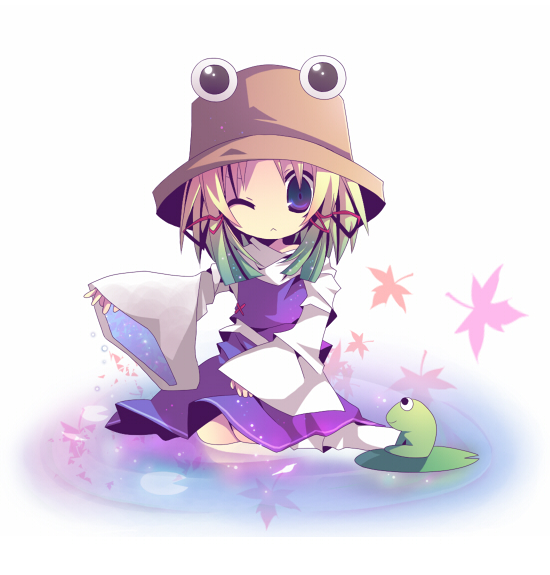 ana (rznuscrf), moriya suwako, touhou, 1girl, :<, ;<, blonde hair, female focus, frog, gradient hair, green hair, hair ribbon, hat, leaf, lily pad, long sleeves, multicolored hair, purple eyes, ribbon, short hair, simple background, sitting, sleeves past wrists, solo, water, wide sleeves, yokozuwari