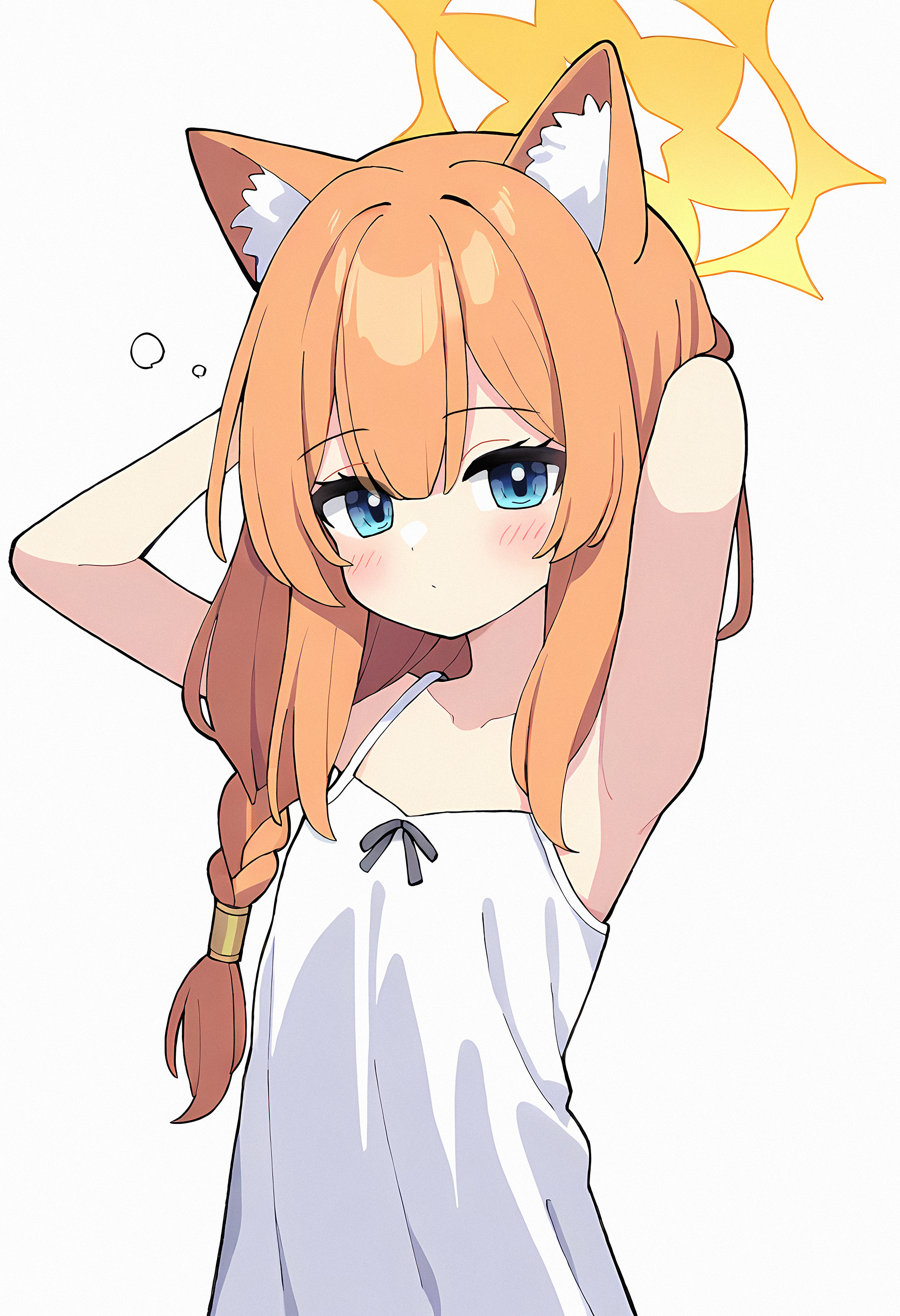 sakonana, mari (blue archive), blue archive, 1girl, animal ear fluff, animal ears, arms behind head, bare shoulders, blue eyes, blush, closed mouth, halo, long hair, orange hair, shirt, sidelocks, simple background, solo, upper body, white shirt