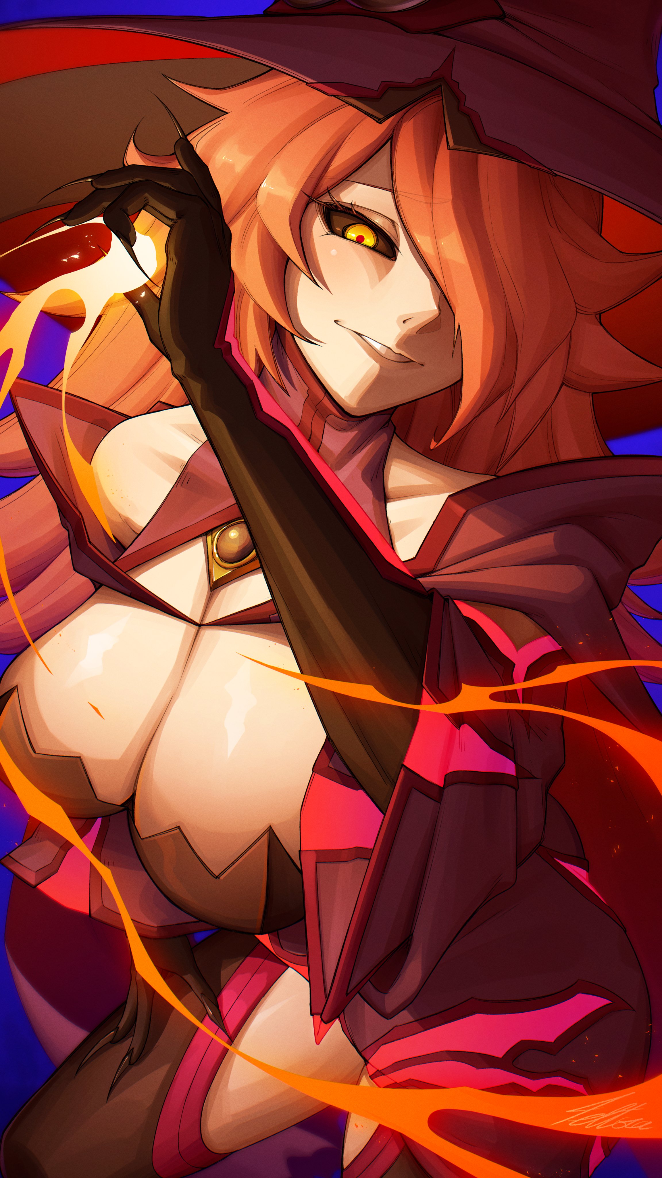 tettora, konoe a. mercury, arc system works, blazblue, 1girl, black sclera, breasts, cleavage, colored sclera, hair over one eye, hat, huge breasts, long hair, solo, witch hat