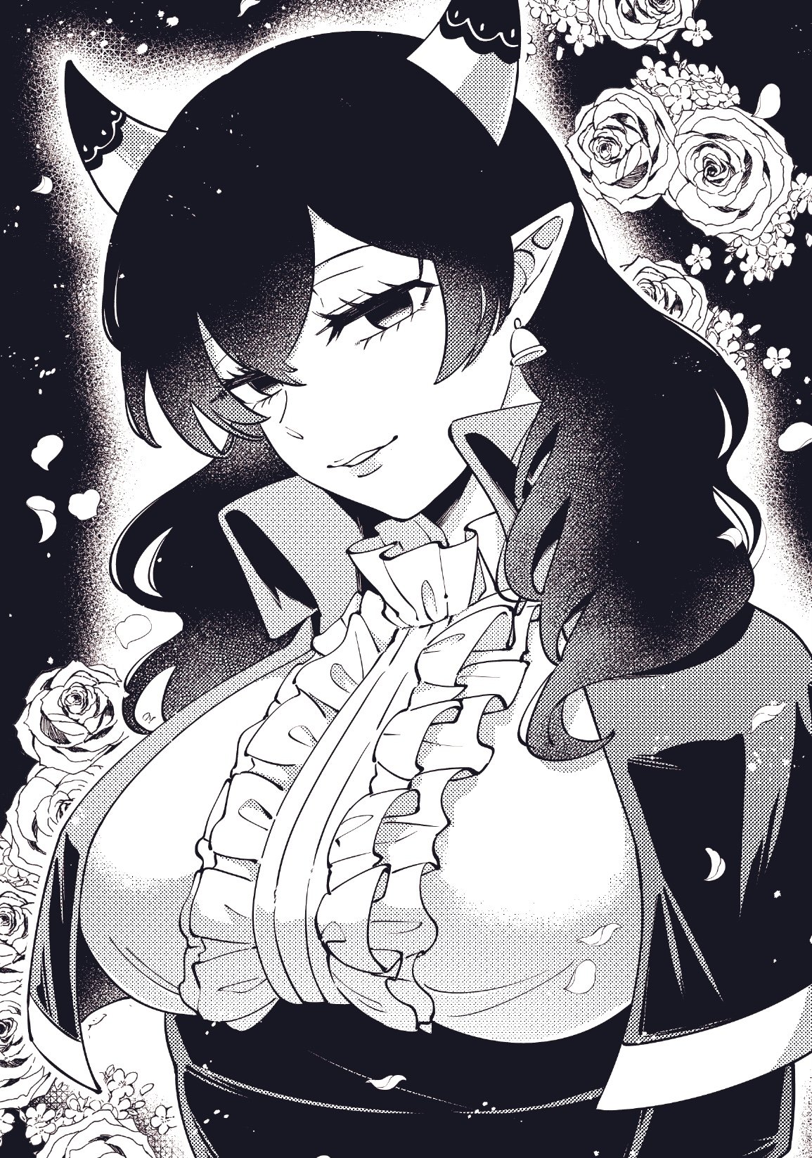 mairimashita! iruma-kun, highres, 1girl, bell, bell earrings, capelet, center frills, collar, dantalion dali, demon girl, earrings, empty eyes, eyelashes, flower, frilled collar, frills, greyscale, horns, isiko mim z, jewelry, long hair, looking at viewer, monochrome, petals, pointy ears, rose, smile, solo, upper body, wing collar