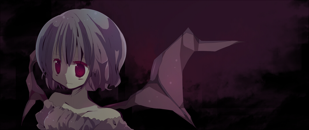 ana (rznuscrf), remilia scarlet, touhou, 1girl, alternate costume, bare shoulders, bat wings, dark, female focus, looking afar, muted color, purple hair, red eyes, short hair, solo, upper body, wings
