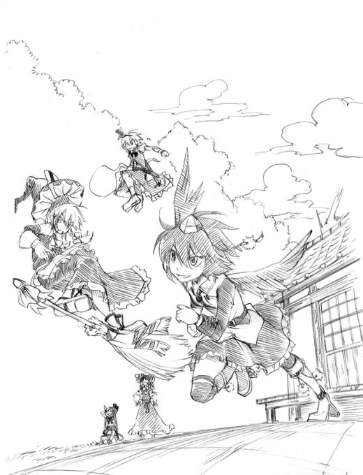 hikawa shou, hakurei reimu, ibuki suika, kirisame marisa, konpaku youmu, konpaku youmu (ghost), shameimaru aya, touhou, 5girls, female focus, geta, greyscale, hat, hitodama, monochrome, multiple girls, sketch, tengu-geta, tokin hat