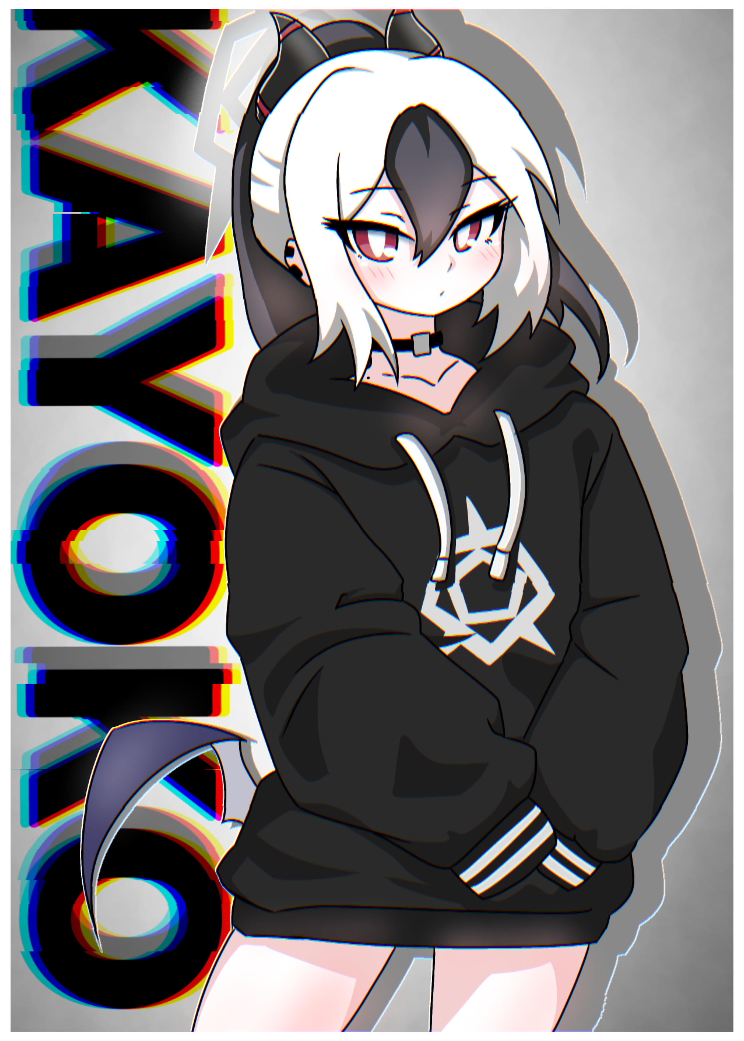 tomimon, kayoko (blue archive), blue archive, absurdres, commentary request, highres, 1girl, black hair, black hoodie, choker, hood, hoodie, horns, multicolored hair, ponytail, red eyes, solo, white hair