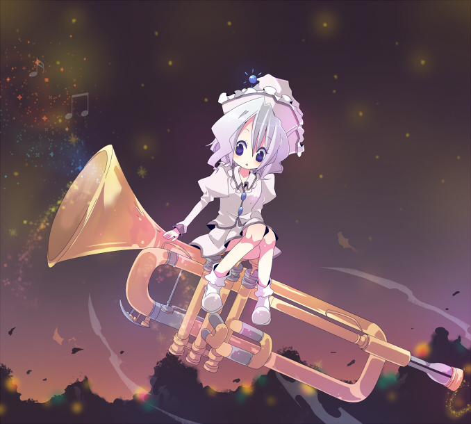 ana (rznuscrf), merlin prismriver, touhou, light purple hair, 1girl, :o, blue eyes, female focus, hat, instrument, looking down, mini person, minigirl, musical note, oversized object, purple eyes, short hair, sitting, sitting on object, solo, trumpet