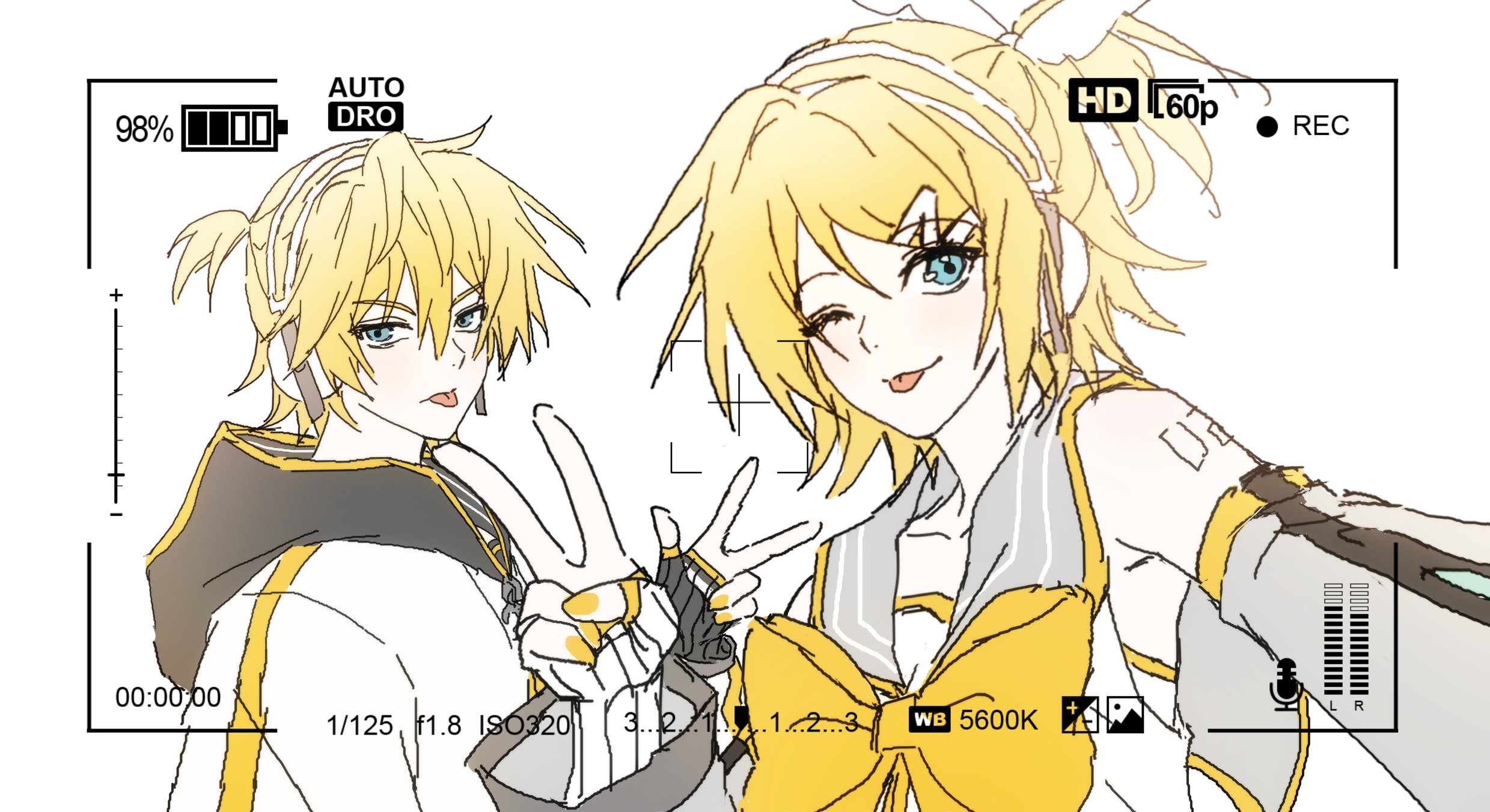 xillxu, kagamine len, kagamine rin, piapro studio, vocaloid, highres, 1boy, 1girl, :p, ;p, bare shoulders, battery indicator, black sailor collar, black sleeves, blonde hair, blue eyes, bow, bowtie, detached sleeves, fingerless gloves, gloves, grey sailor collar, grey sleeves, hair bow, hair ornament, hairclip, headphones, headset, hood, hoodie, jacket, kagamine len (nt), kagamine rin (nt), looking at viewer, neckerchief, one eye closed, ponytail, recording, sailor collar, selfie, shirt, short hair, short ponytail, shoulder tattoo, sleeveless, sleeveless shirt, smile, tattoo, tongue, tongue out, upper body, v, viewfinder, white background, white bow, white shirt, yellow bow, yellow nails, yellow neckerchief