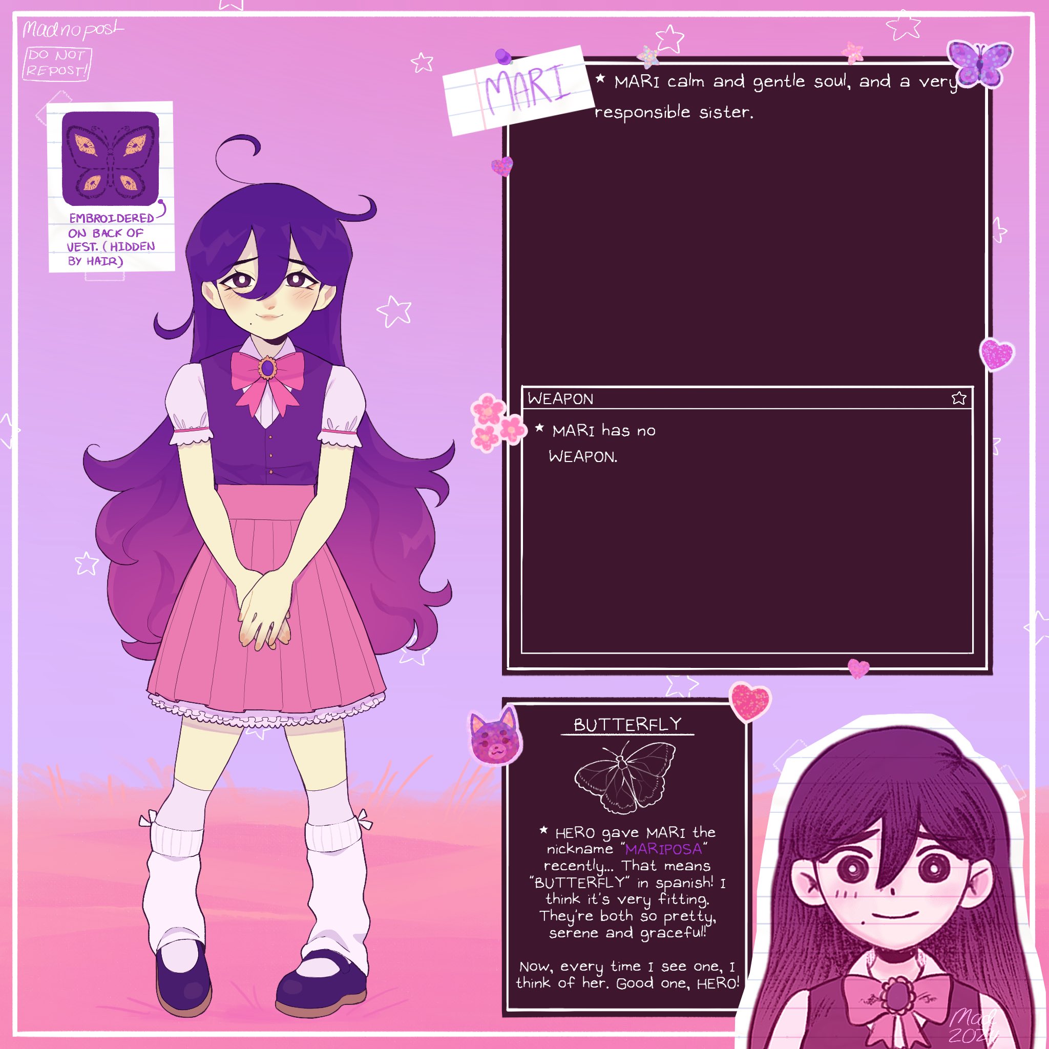madnopost, mari (headspace) (omori), mari (omori), omori, highres, 1girl, 2024, ahoge, alternate costume, alternate hair color, alternate universe, arrow (symbol), artist name, blush, closed mouth, double-parted bangs, english text, gradient hair, hair between eyes, kneehighs, long hair, looking at viewer, mole, mole under mouth, multicolored hair, omocat (style), pink hair, pleated skirt, purple hair, purple shoes, red skirt, shoes, skirt, smile, socks, solo, two-tone hair, white socks
