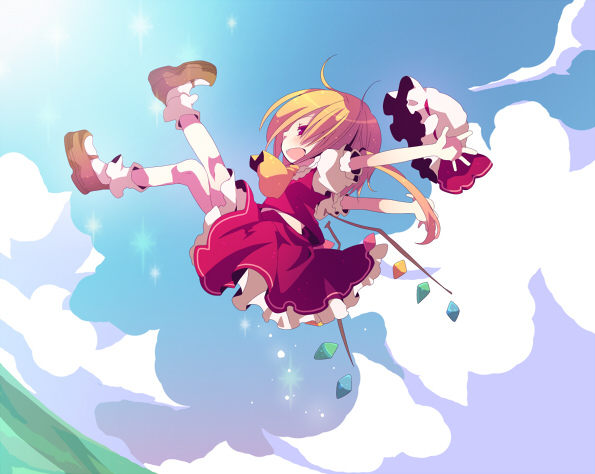 ana (rznuscrf), flandre scarlet, touhou, 1girl, o/, arms up, blonde hair, bobby socks, cloud, day, female focus, hat, jumping, midair, mob cap, open mouth, outstretched arms, red eyes, short sleeves, side ponytail, skirt, sky, socks, solo, unworn hat, unworn headwear, wings