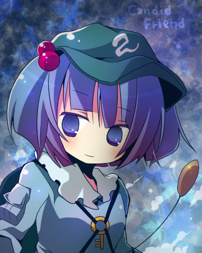 ana (rznuscrf), kawashiro nitori, touhou, lowres, 1girl, blue eyes, blue hair, cattail, female focus, hair bobbles, hair ornament, key, light smile, matching hair/eyes, plant, sad, short hair, solo, twintails, two side up