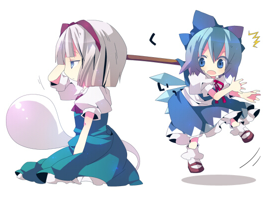 ana (rznuscrf), cirno, konpaku youmu, konpaku youmu (ghost), touhou, silver hair, 2girls, ^^^, blue eyes, blue hair, bob cut, bobby socks, bokken, bow, caught, chibi, expressionless, female focus, hitodama, mary janes, multiple girls, shoes, short hair, sitting, socks, surprised, sword, weapon, wings, wooden sword
