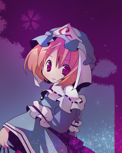 ana (rznuscrf), saigyouji yuyuko, touhou, lowres, 1girl, arm garter, blush, female focus, from behind, hat, japanese clothes, kimono, long sleeves, looking at viewer, looking back, mob cap, orange hair, pink eyes, ribbon-trimmed collar, ribbon trim, short hair, solo, triangular headpiece