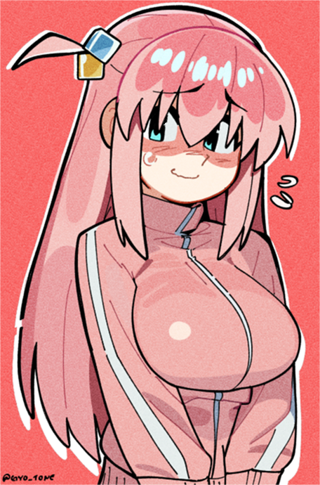 osa (osavocaloid), gotoh hitori, bocchi the rock!, 1girl, blue eyes, breasts, closed mouth, cube hair ornament, hair ornament, jacket, large breasts, long sleeves, looking at viewer, nervous smile, nervous sweating, pink hair, pink jacket, red background, simple background, smile, solo, sweat, sweatdrop, track jacket, twitter username, upper body, zipper