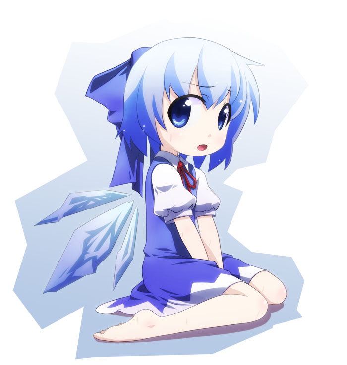kusaba, kusaba (kusabashiki), cirno, embodiment of scarlet devil, touhou, duplicate, 1girl, barefoot, blue eyes, blue hair, bow, chibi, feet, female focus, kneeling, matching hair/eyes, solo