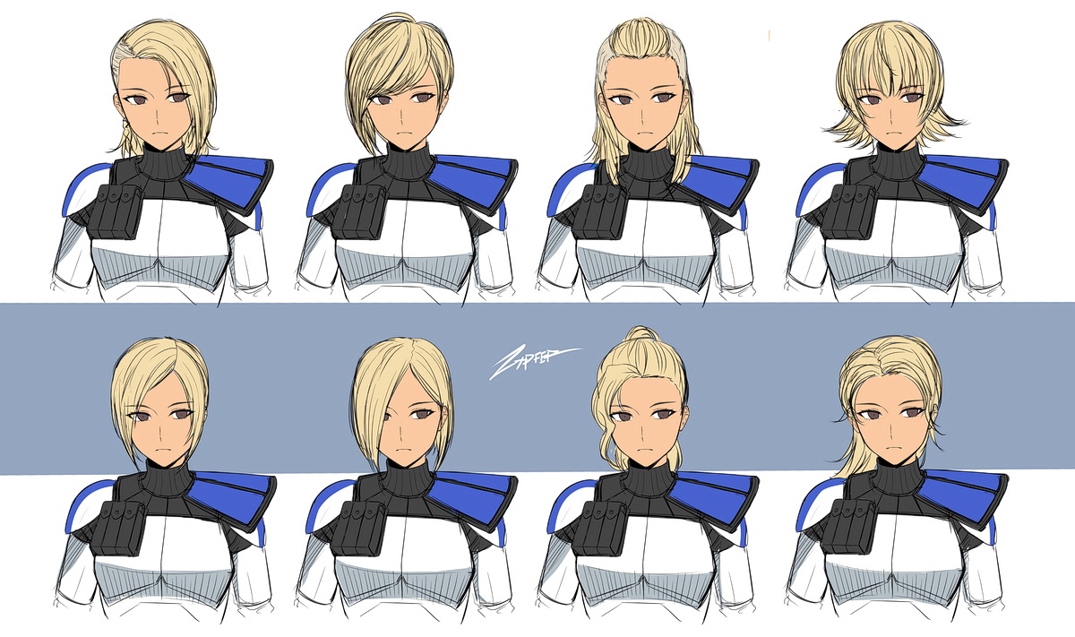 zxpfer, captain rex, clone trooper, star wars, star wars: the clone wars, 6+girls, armor, asymmetrical bangs, black eyes, blonde hair, expressionless, genderswap, genderswap (mtf), long bangs, long hair, looking to the side, multiple girls, ponytail, reference sheet, science fiction, short hair, signature, simple background, tan, white armor