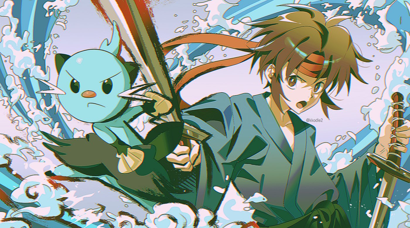 kkodle2, nate (pokemon), oshawott, nintendo, pokemon, pokemon bw2, 1boy, brown eyes, brown hair, gen 5 pokemon, green kimono, headband, holding, holding sword, holding weapon, japanese clothes, katana, kimono, long sleeves, looking at viewer, male focus, open mouth, pokemon (creature), red headband, shell, short hair, sword, water, waves, weapon