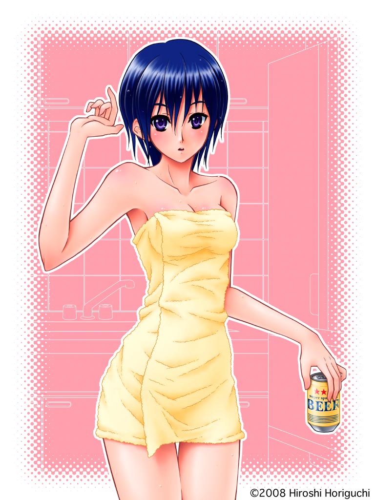 horiguchi hiroshi, original, alcohol, bath towel, bathroom, beer, blue eyes, blue hair, impossible towel, naked towel, solo, thigh gap, thighs, towel, wet