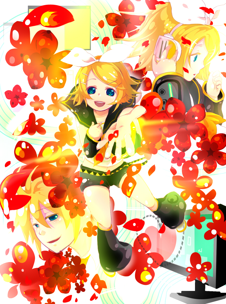 hashimochi, kagamine len, kagamine rin, kokoro (vocaloid), vocaloid, 1boy, 1girl, blonde hair, blue eyes, brother and sister, hair ornament, hair ribbon, hairclip, headphones, headset, ribbon, short hair, siblings, smile, twins