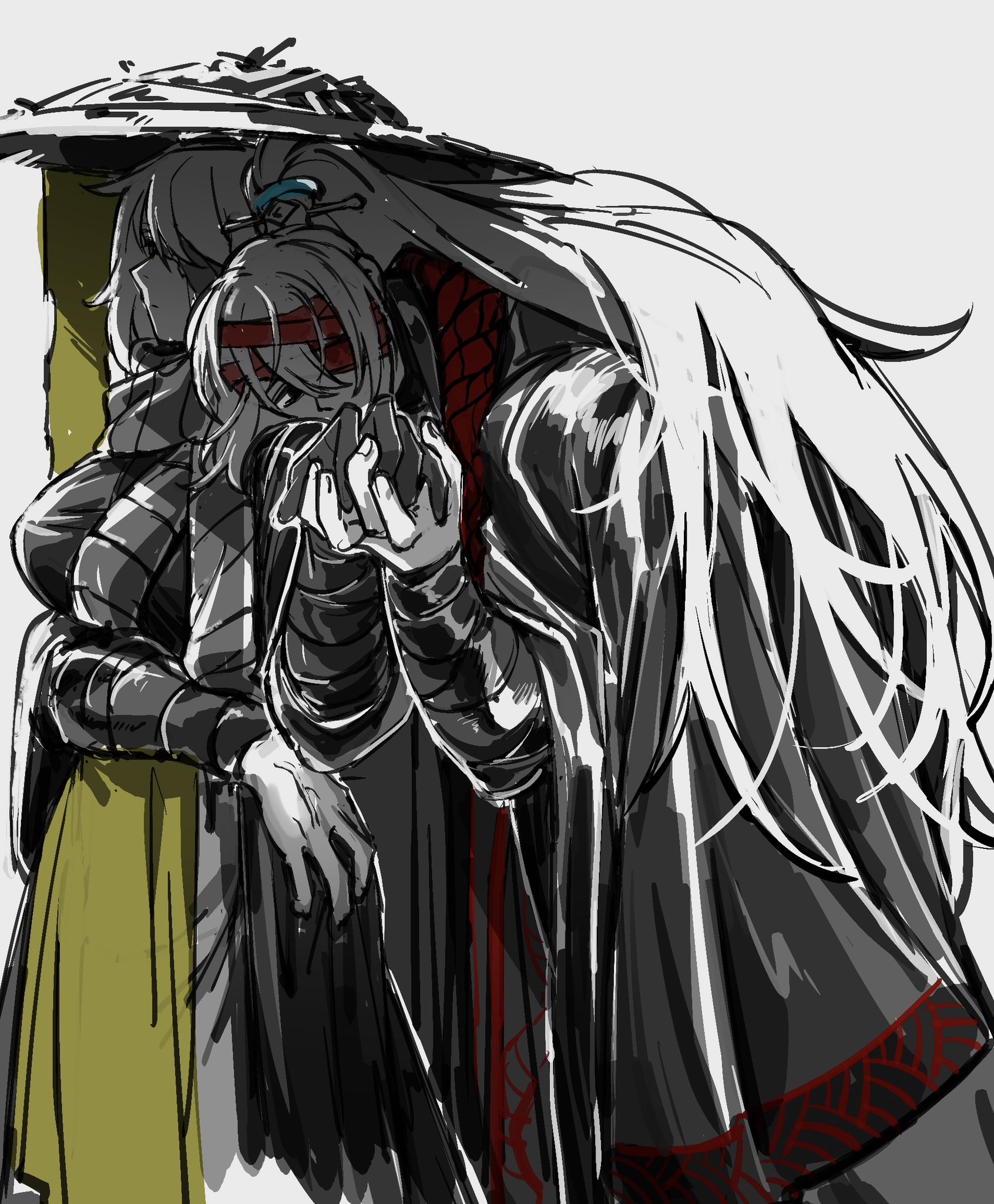keisotu kuruu, faust (project moon), hong lu (project moon), limbus company, project moon, highres, 1girl, bandage over one eye, bandaged arm, bandages, black eyes, black hair, black hanfu, breasts, chinese clothes, closed mouth, conical hat, family hierarch candidate (identity) (project moon), grey scarf, hand wraps, hanfu, heishou pack-mao branch (identity) (project moon), high ponytail, holding hands, long hair, looking at viewer, one eye covered, partially colored, ponytail, red ribbon, ribbon, scarf, simple background, standing, upper body, white background, white hair, yellow ribbon