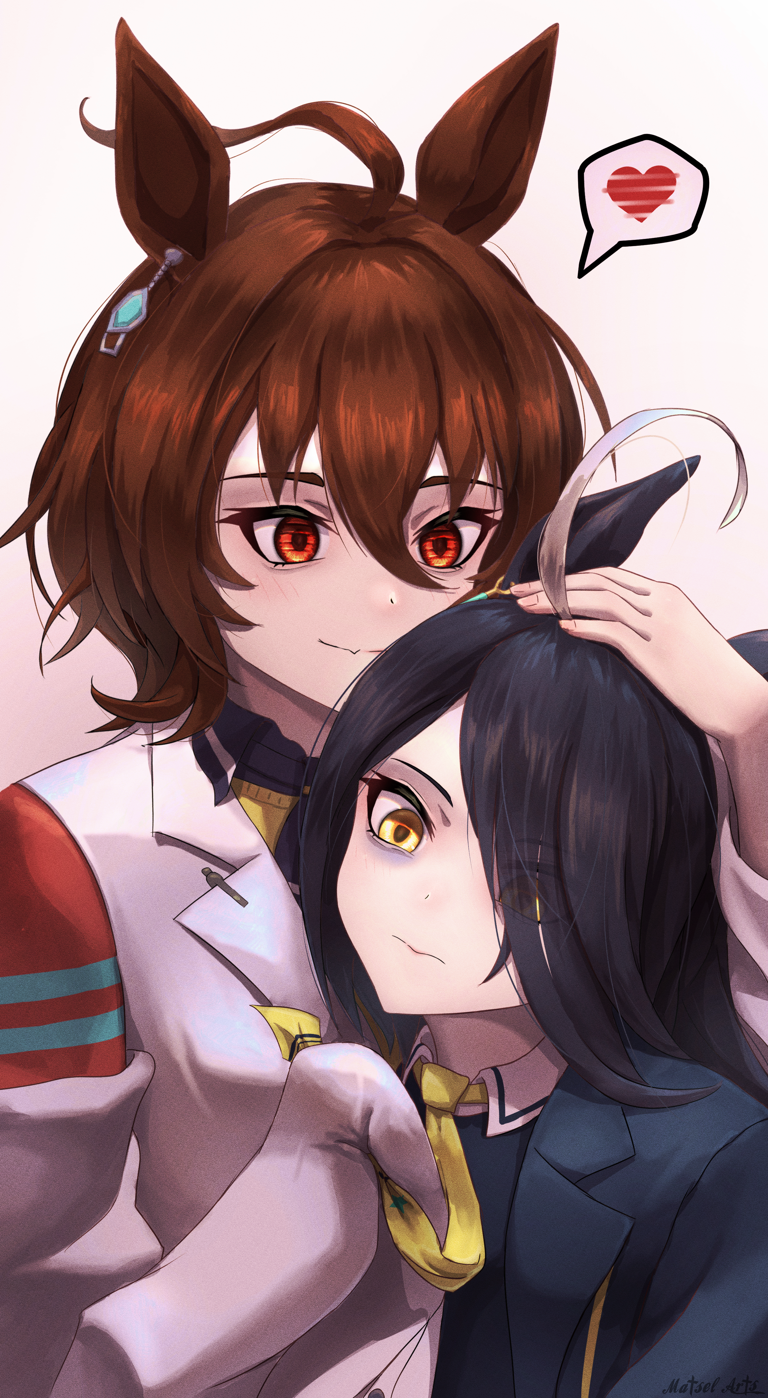 matsel arts, agnes tachyon (umamusume), manhattan cafe (umamusume), umamusume, absurdres, highres, 2girls, ahoge, artist name, bags under eyes, black coat, black vest, chemical structure, closed mouth, coat, collared shirt, ear ornament, ear tag, earrings, expressionless, fang, grey hair, hair between eyes, hair over one eye, hand on another's head, heart, huge ahoge, jewelry, lab coat, long bangs, long hair, long sleeves, medium hair, multicolored hair, multiple girls, necktie, pen, red eyes, shirt, signature, simple background, single earring, skin fang, sleeves past fingers, sleeves past wrists, smile, speech bubble, spoken heart, vest, white background, white coat, white shirt, wolf cut, yellow eyes, yellow necktie, yuri