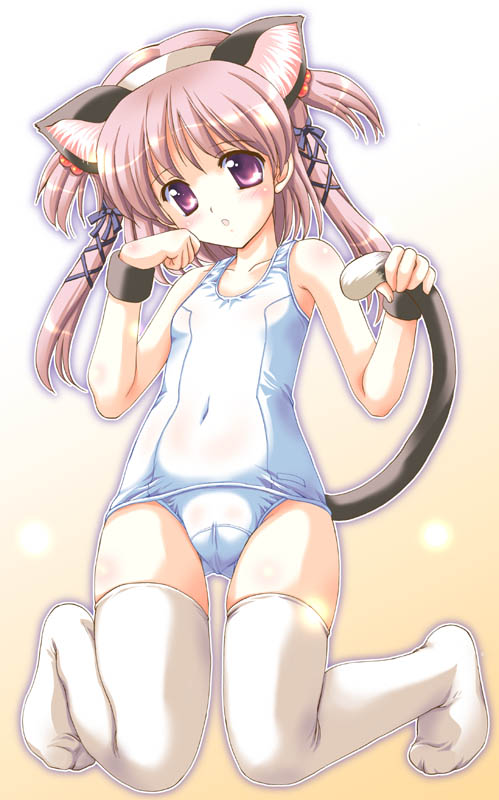 mizushiro takuya, nanako, nanako (to heart 2), to heart (series), to heart 2, to heart 2 ad, 00s, 1girl, animal ear fluff, animal ears, blush, cat ears, cat girl, cat tail, collarbone, fake animal ears, female focus, flat chest, hair bobbles, hair ornament, hair ribbon, long hair, looking at viewer, one-piece swimsuit, open mouth, paw pose, purple eyes, purple hair, ribbon, school swimsuit, socks, solo, swimsuit, tail, tail grab, thighhighs, twintails, white one-piece swimsuit, white school swimsuit, white socks, white thighhighs, wristband, x hair ornament, yellow background
