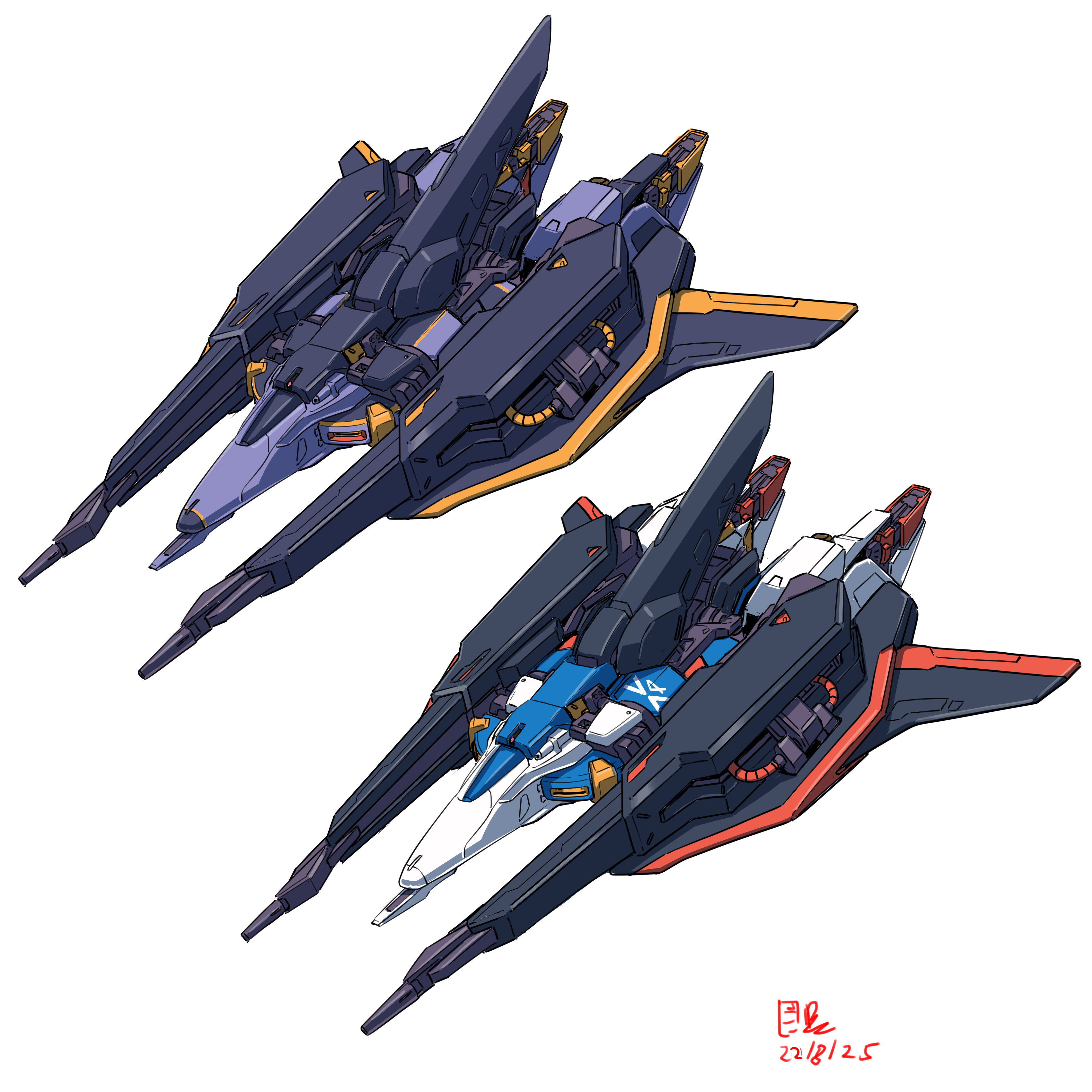 pravin rao santheran, zeta gundam (mobile suit), gundam, gundam gquuuuuux, original, zeta gundam, absurdres, commentary request, highres, 2025, aeug, alternate universe, beam cannon, cable, color variation, colored lineart, comparison, dated, energy gun, machinery, mecha, mecha focus, mobile armor, mobile suit, no humans, robot, science fiction, signature, titans (gundam), weapon, white background, yamashita ikuto (style)