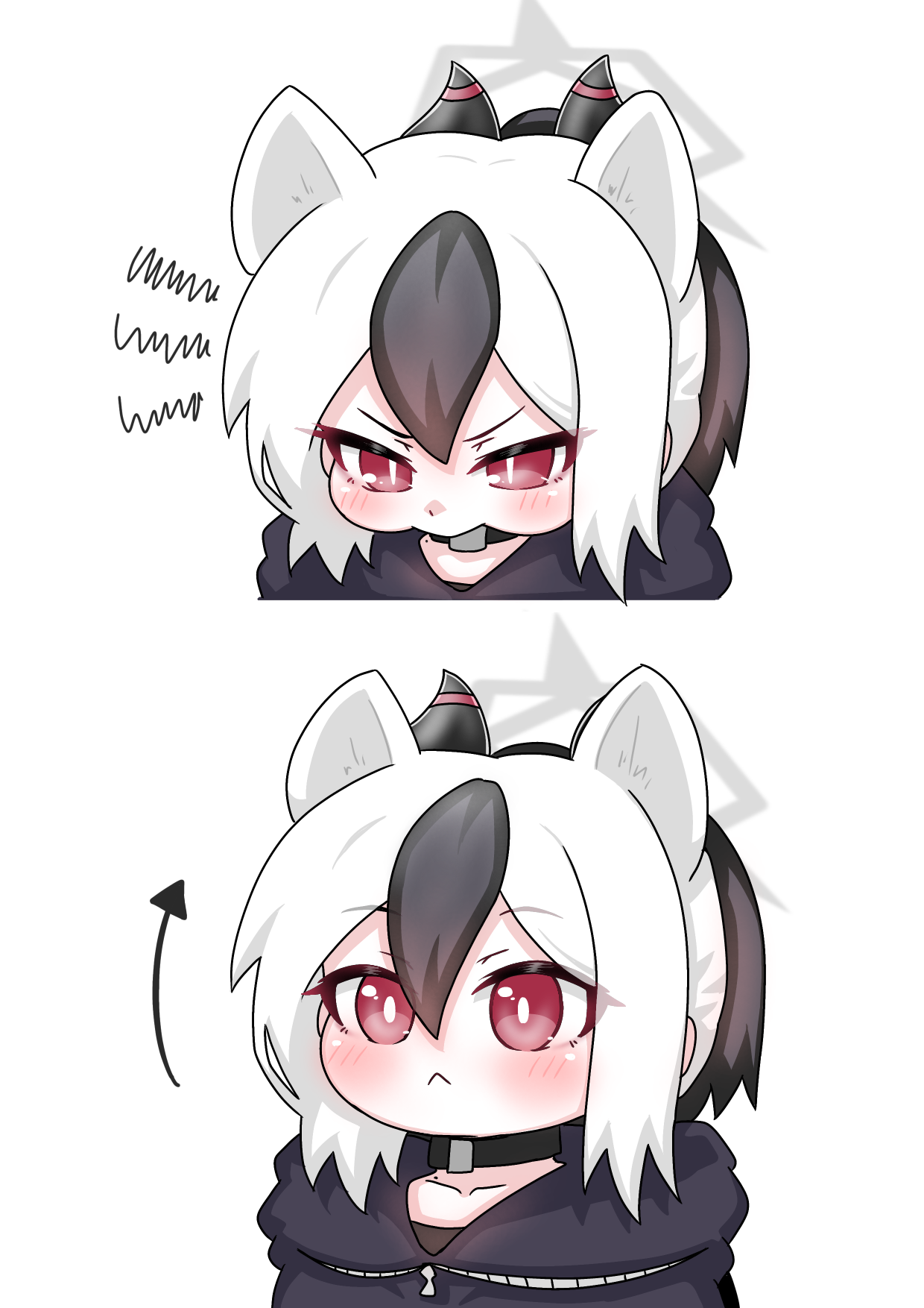 tomimon, kayoko (blue archive), blue archive, commentary request, highres, 1girl, animal ears, black hair, demon horns, halo, hood, horns, multicolored hair, red eyes, white hair