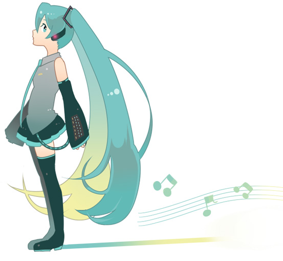 hayato (meromoni), hatsune miku, vocaloid, 1girl, blue hair, female focus, from side, long hair, musical note, musical staff, notes, solo, thighhighs, twintails, very long hair